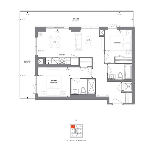 Floor plan for 2 beds, 2 baths, 784 sqft